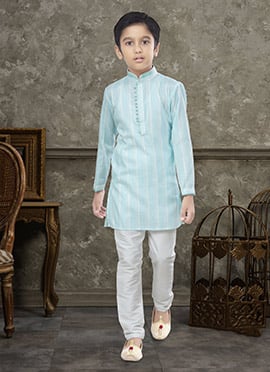 Firozi To Off White Blended Cotton Kids Boys Kurta Pyjama
