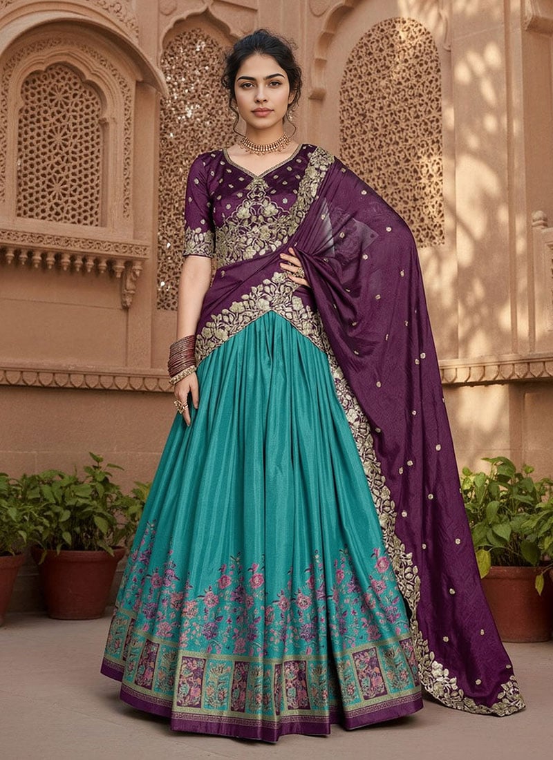 Firozi Tussar Silk Sequins Embroidered And Foil Print Umbrella Lehenga