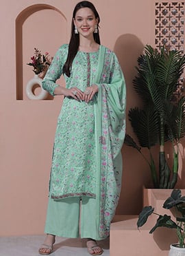 Floral Print Turquoise Satin Palazzo Suit With Dupatta