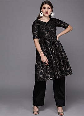 Foil Printed Black Rayon Kurta Wide Leg Pant Set