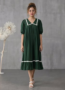 Forest Green Cotton Gathered Midi Dress With Contr