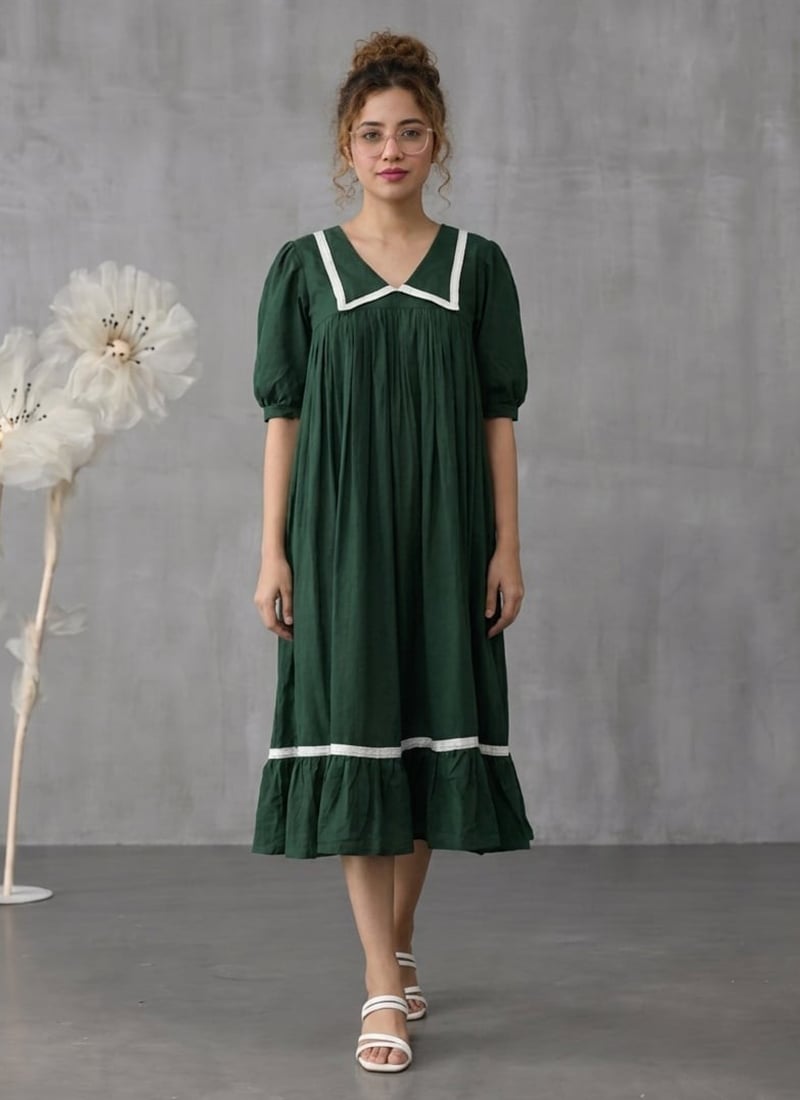 Forest Green Cotton Gathered Midi Dress With Contr After Six Wear