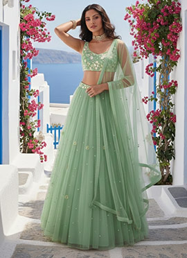 Fresh Light Green Net Zari Sequins Hand Embroidered Stones Umbrella Lehenga