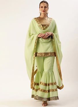 Gathered Flare Green Embroidered Gharara Suit