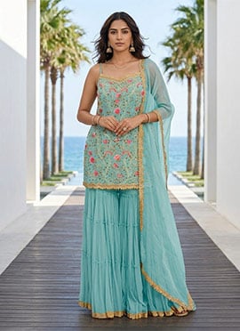Georgette Embroidered Sequins Sharara Suit Sky Blue For Women With Dupatta