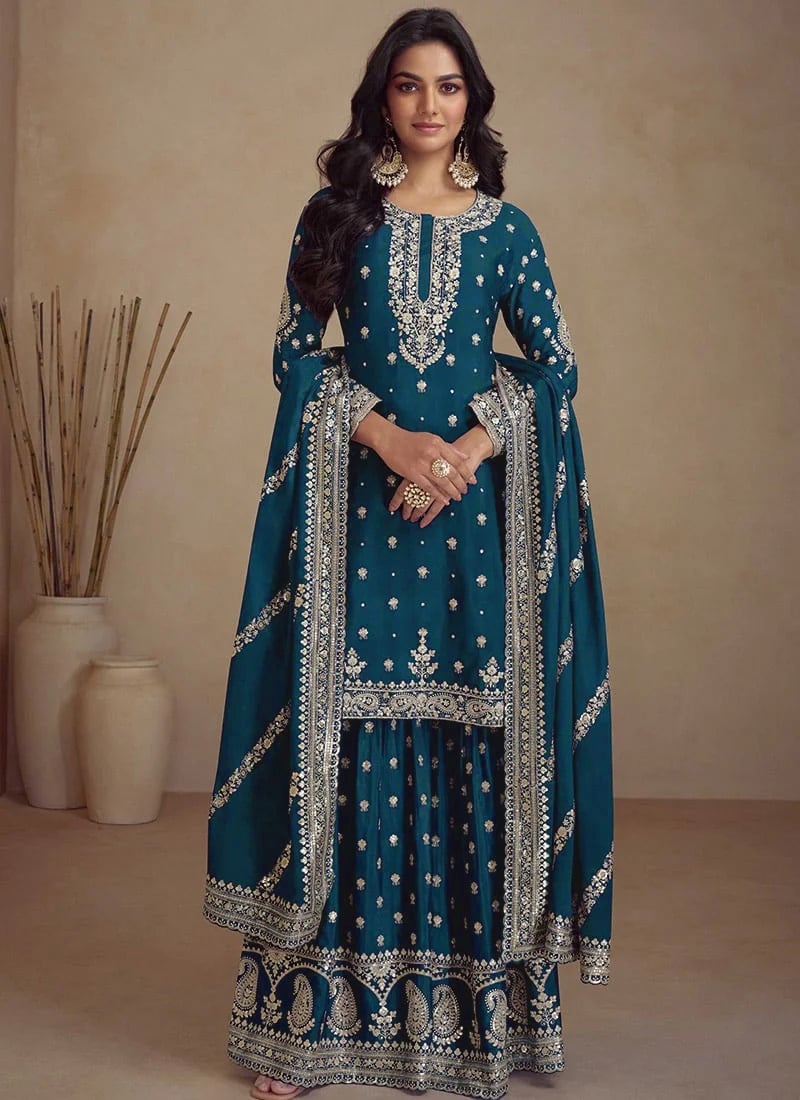 Glamorous Blue Chinon Palazzo Suit With Intricate Sequins Embroidery