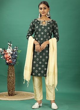 Gold Art Silk Embroidered Straight Pant Suit