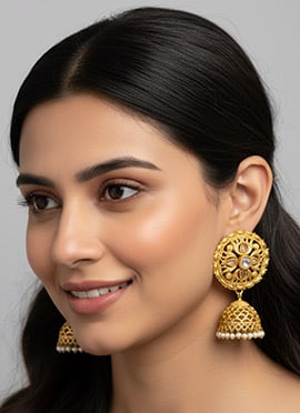 Gold Beaded Kundan Jhumka
