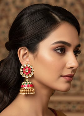 Gold Beaded Kundan Jhumka