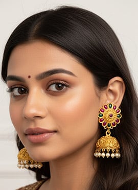 Gold Beaded Kundan Jhumka