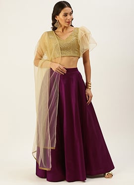 Gold N Purple Embroidered Ruffles Style Lehenga Set