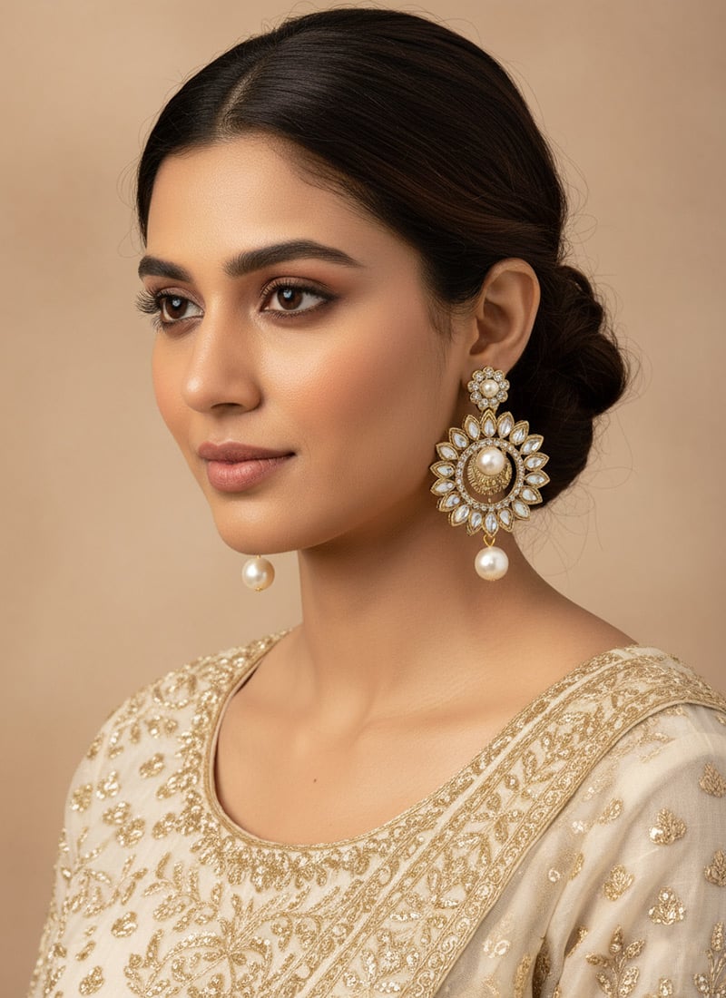 Gold N White Danglers Festive Wear