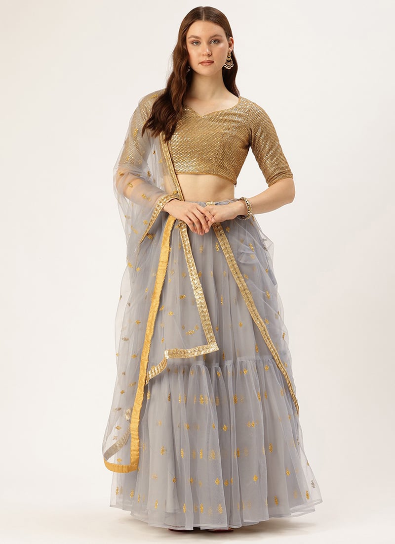 Gold Sequin Blouse N Grey Embroidered Net Lehenga Set Festive Wear