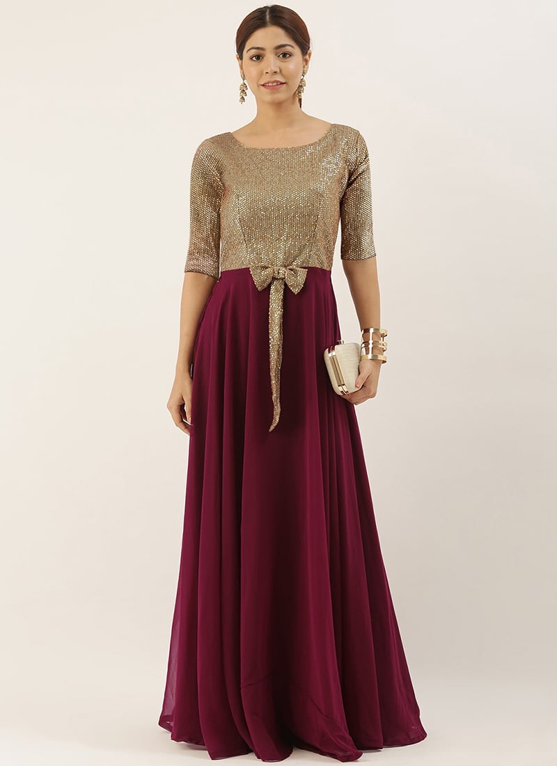 Gold Sequins N Purple Georgette Flared Gown
