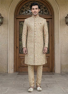 Gold Silk Embroidered Indowestern Sherwani