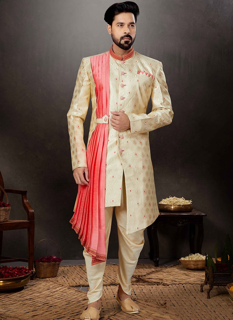 Golden Art Silk Jacquard Indowestern Sherwani Party Wear