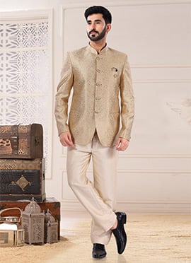 Golden Art Silk Jacquard Jodhpuri Suit