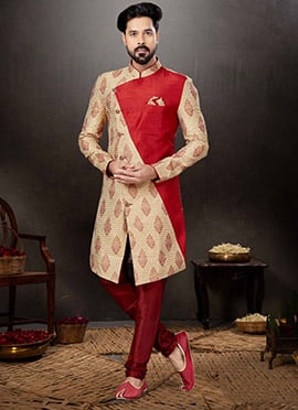 Golden N Maroon Art Silk Jacquard Indowestern Sherwani