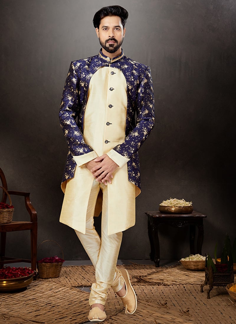 Golden N Navy Blue Art Silk Embroidery Indowestern Sherwani Party Wear