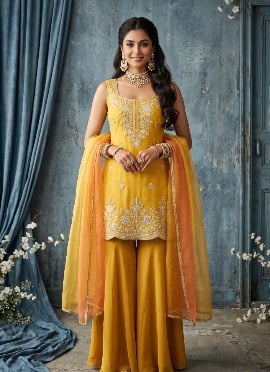 Golden Yellow Silk Sequins Beads Embroidered Palazzo Suit