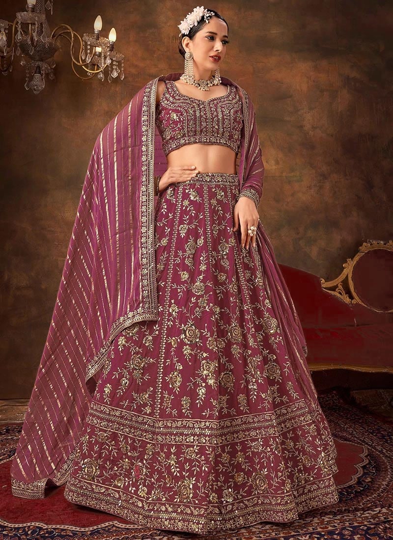 Gorgeiously Embroidered Sequinced Wine Umbrella Lehenga Wedding Wear
