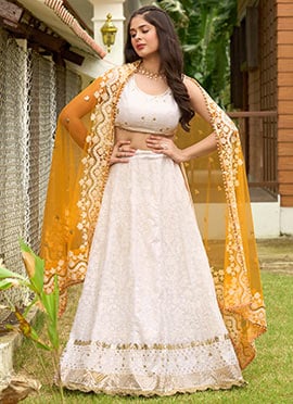 Gorgeous White Georgette Embroidered N Sequins Umbrella Lehenga