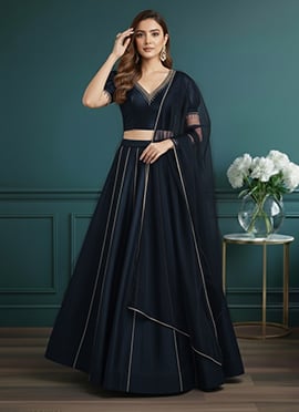Graceful Blue Silk Zari Beads Sequins Hand Embroidered A Line Lehenga