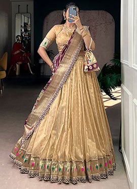 Graceful Cream Shimmer Organza Zari Jacquard Woven Umbrella Lehenga