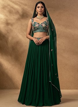 Graceful Green Faux Georgette Beads Hand Embroidered Umbrella Lehenga