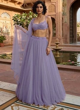Graceful Lavender Net Beads Sequins Hand Embroidered Umbrella Lehenga