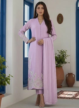 Graceful Lavender Silk Resham Foil Embroidered Straight Pant Suit