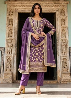 Graceful Lavender Silk Straight Pant Suit With Zari And Sequin Detailing