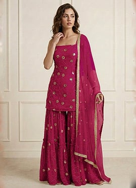 Graceful Magenta Faux Georgette Embroidered Sharara Suit