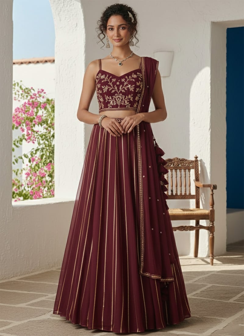 Graceful Maroon Georgette Zari Hand Embroidered A Line Lehenga Wedding Wear