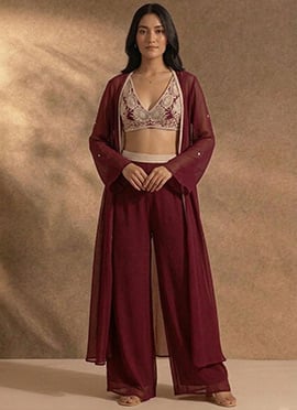 Graceful Maroon Georgette Zari Resham Beads Indowestern Set