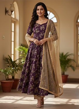 Graceful Purple Rayon Anarkali Suit Set