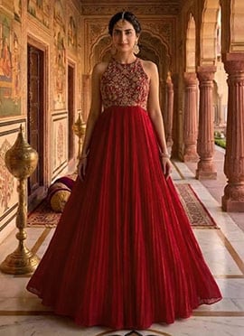 Graceful Red Faux Georgette Zari Sequins Dresses And Gown