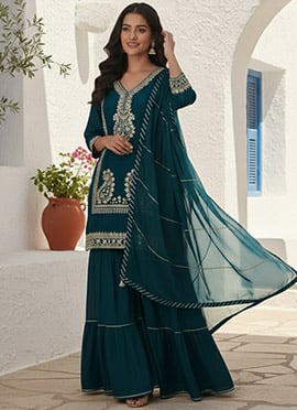 Graceful Teal Vichitra Silk Zari Sequins Embroidered Sharara Suit