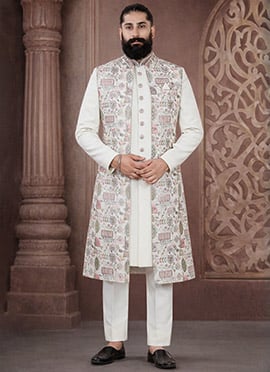 Grand Off White Jacquard Sequins Embroidered Thread Indowestern Sherwani