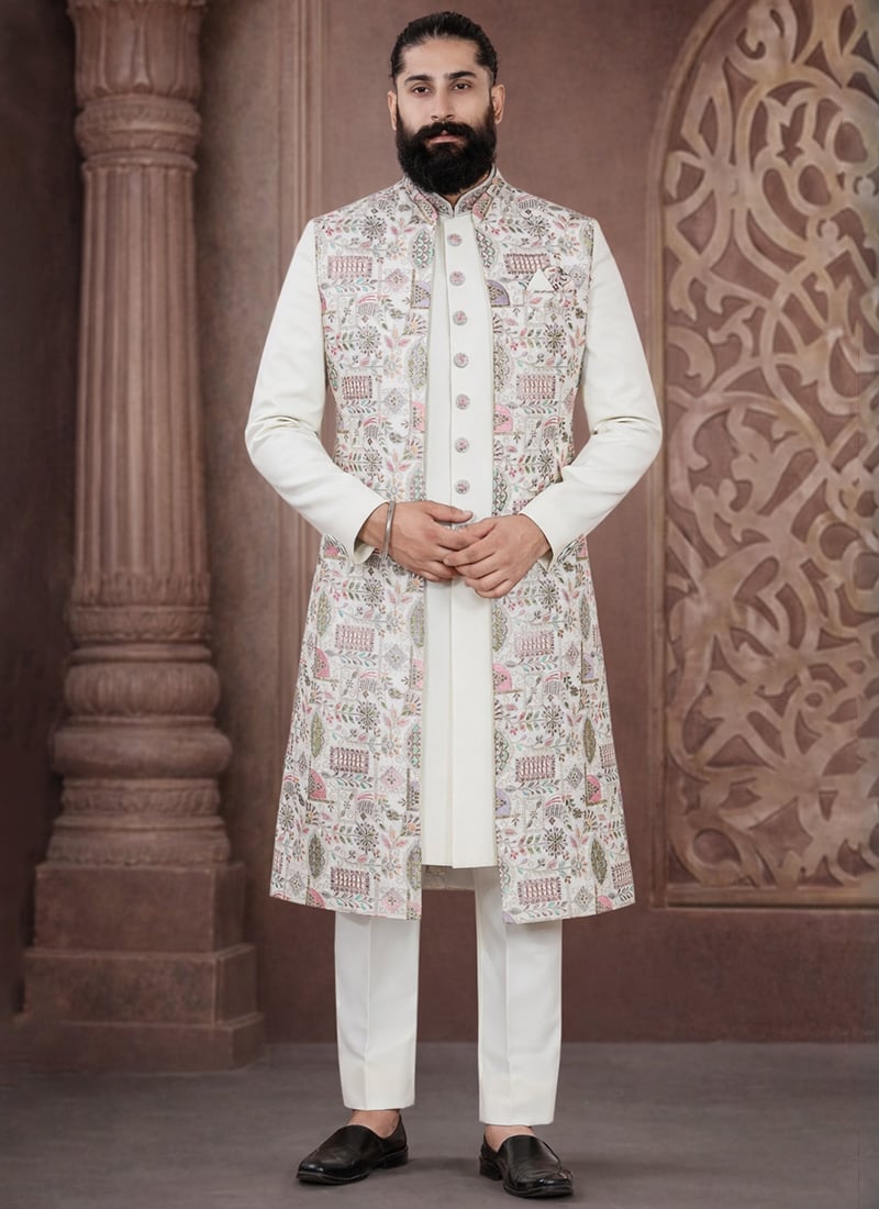 Grand Off White Jacquard Sequins Embroidered Thread Indowestern Sherwani Wedding Wear