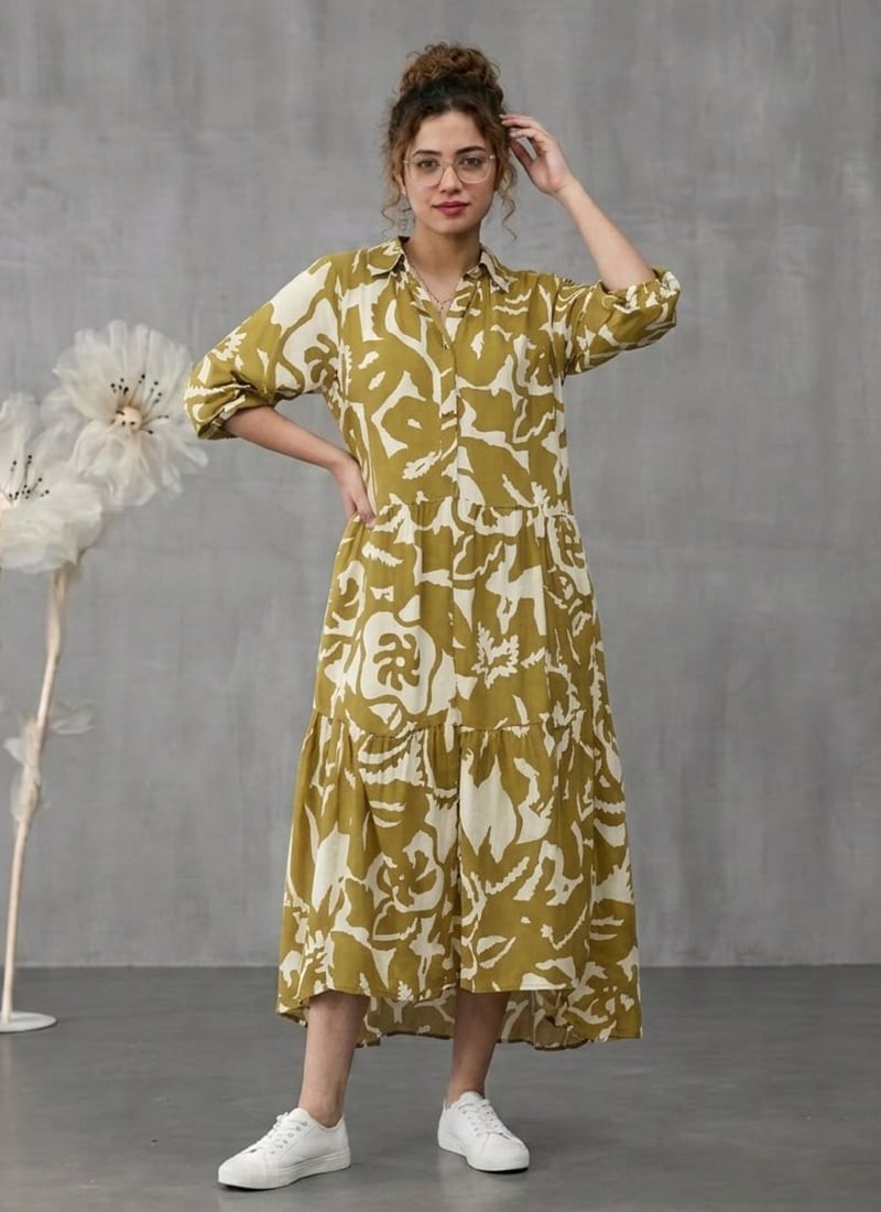 Green Rayon Printed Midi Dress After Six Wear