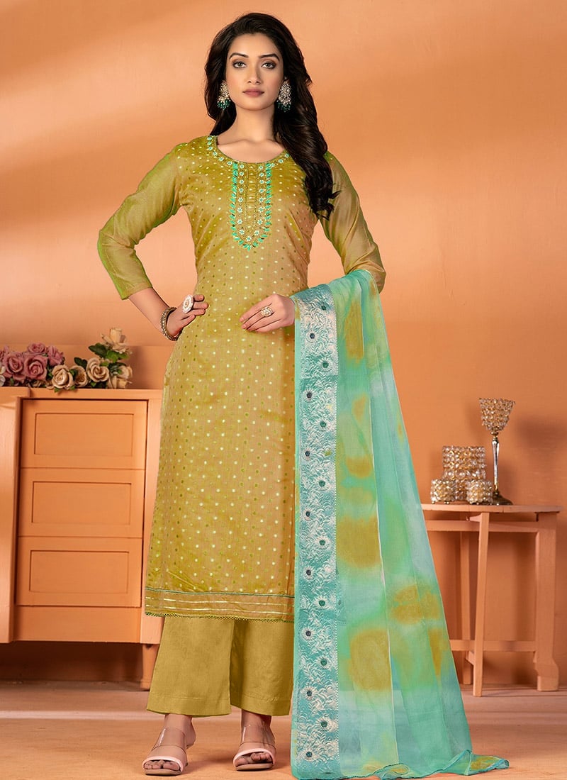 Green Art Silk Cotton Jacquard Straight Pant Suit After Six Wear