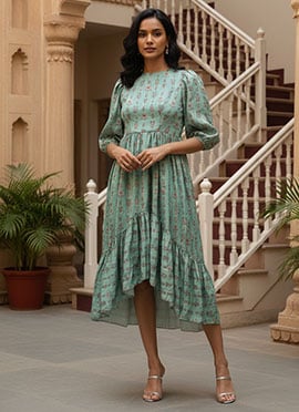 Kids Girls Green Art Silk Digital Print High N Low Dress