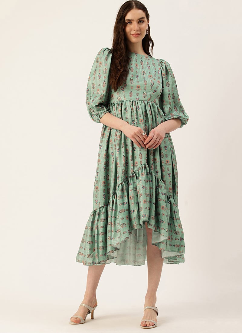 Teen Girls Green Art Silk Digital Print High N Low Dress