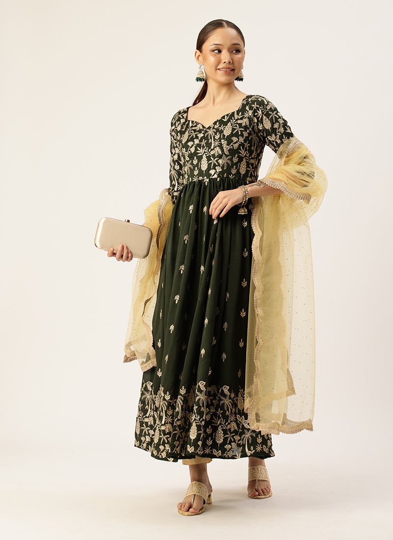 Green Art Silk Embroidered Anarkali Suit Party Wear
