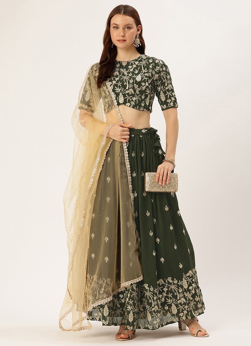 Green Art Silk Embroidered Lehenga Set