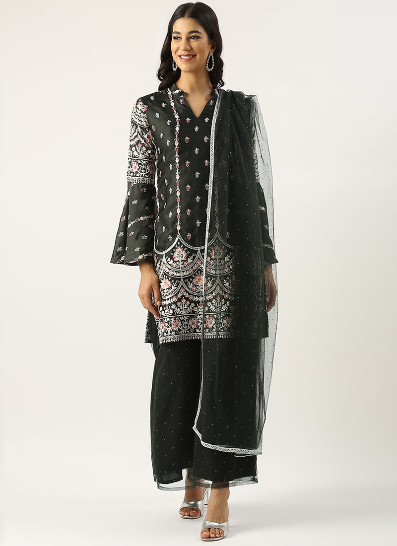 Teen Girls Green Art Silk Embroidered Palazzo Suit Festive Wear