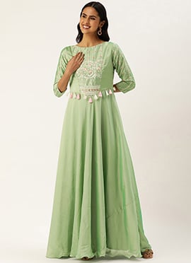 Teen Girls Green Art Silk Embroidered Patch Style Gown