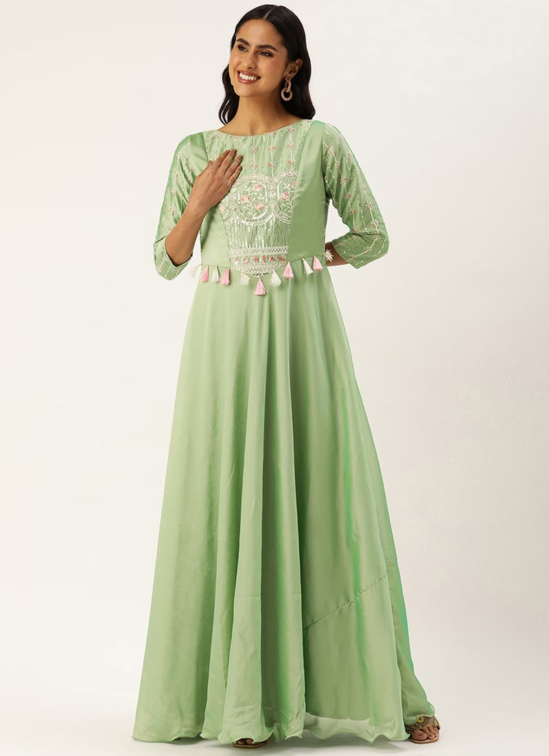 Green Art Silk Embroidered Patch Style Gown Party Wear