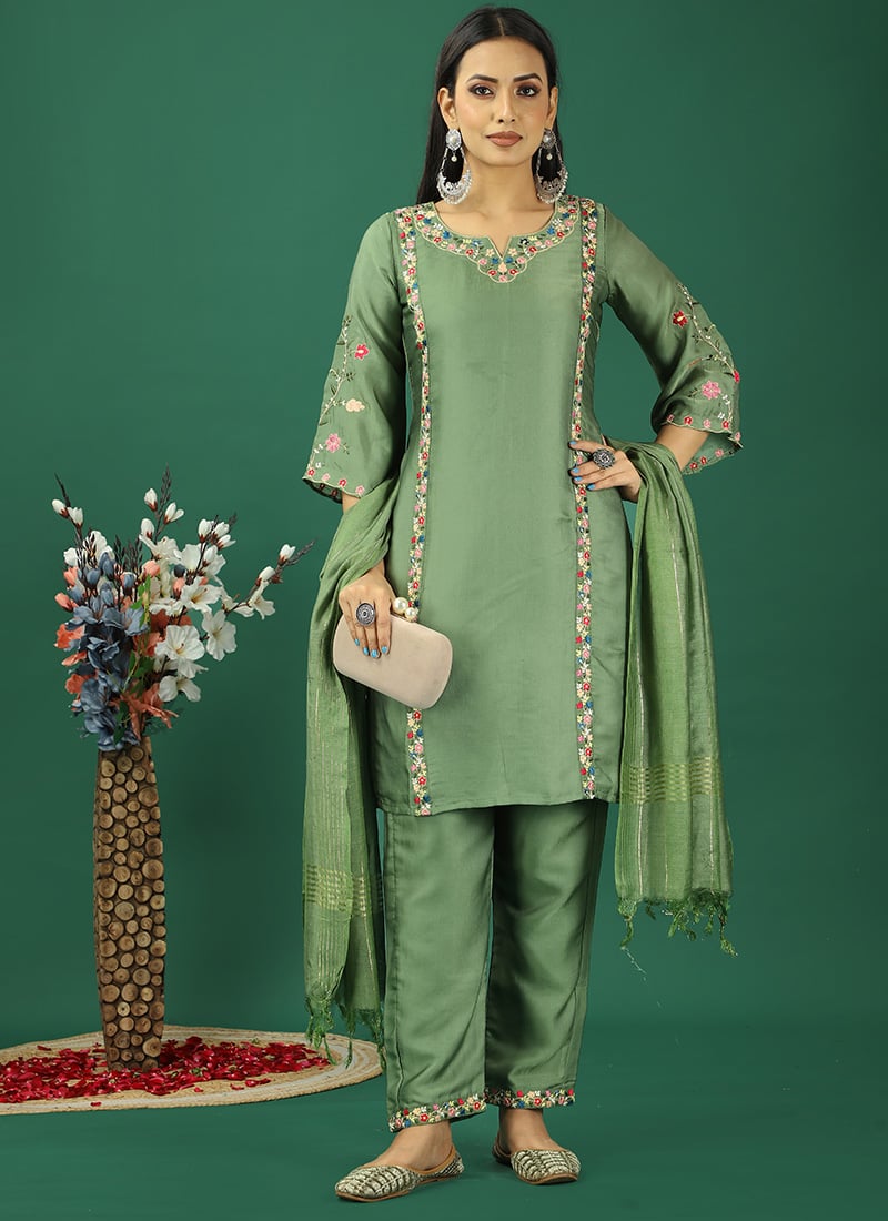 Teen Girls Green Art Silk Embroidered Straight Pant Suit Festive Wear